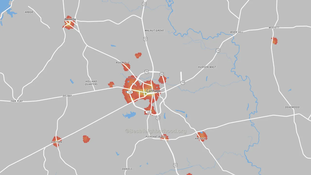 Walk Grade map of Panola County, TX, walkable areas in green and car-dependent areas in red