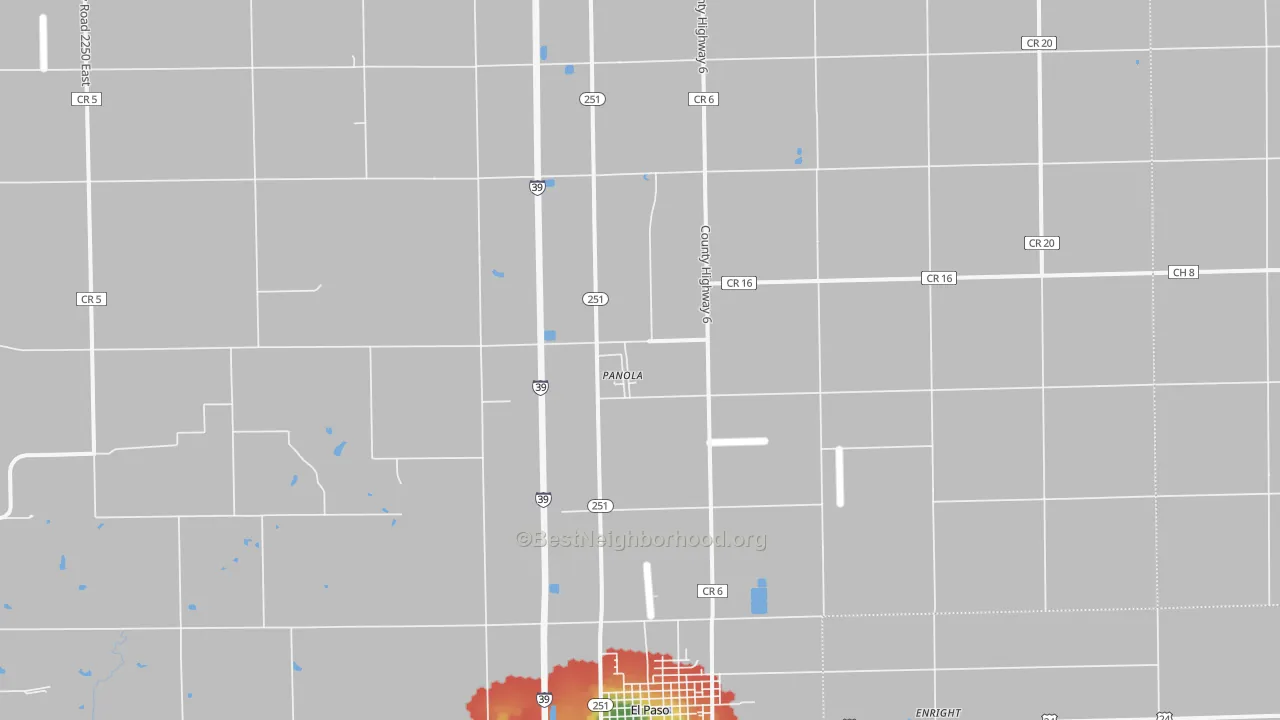 Walk Grade map of Panola, IL, walkable areas in green and car-dependent areas in red