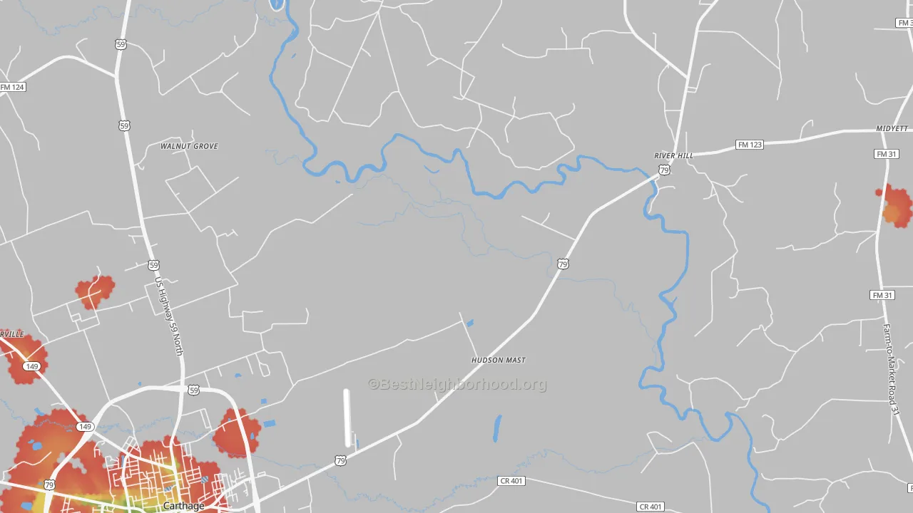 Walk Grade map of Panola, TX, walkable areas in green and car-dependent areas in red