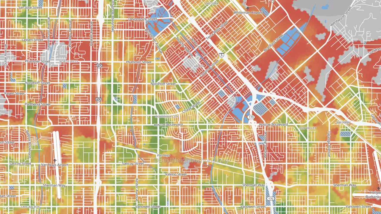 Walk Grade map of Panorama City, CA, walkable areas in green and car-dependent areas in red