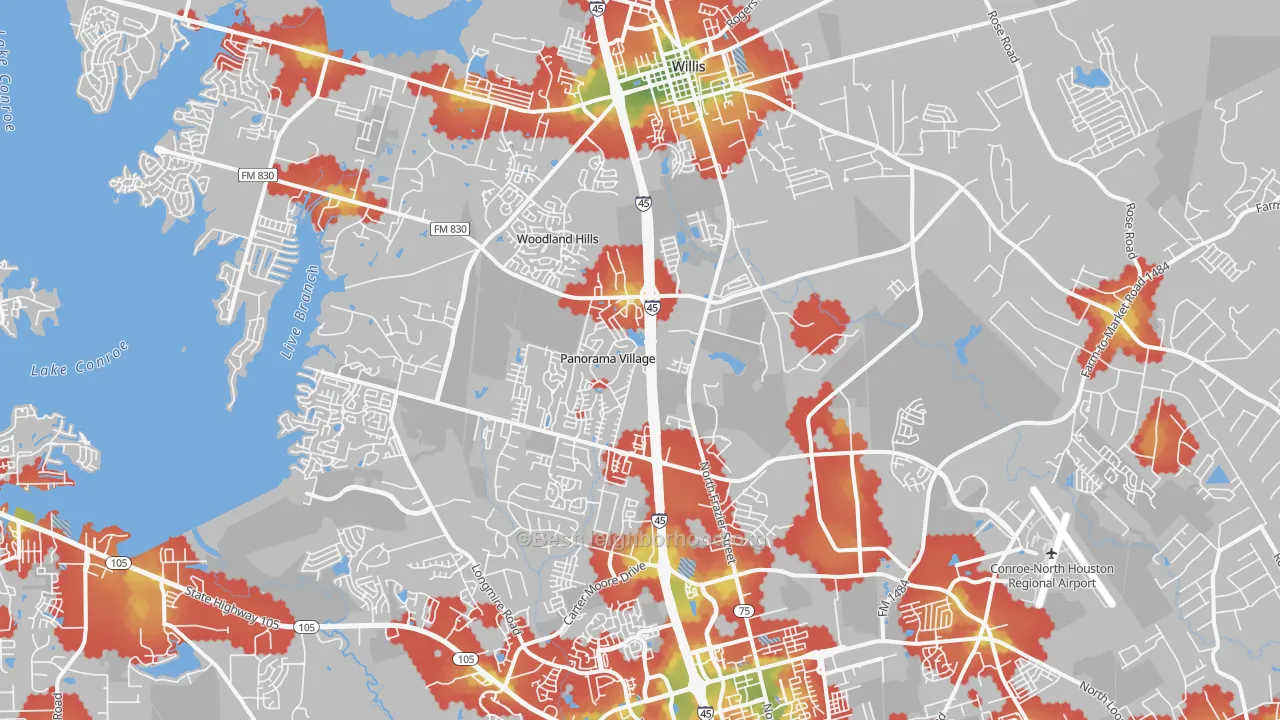 Walk Grade map of Panorama Village, TX, walkable areas in green and car-dependent areas in red