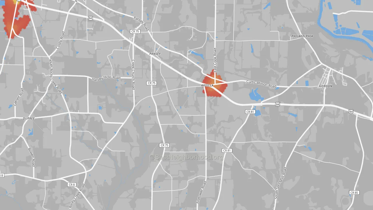 Walk Grade map of Pansey, AL, walkable areas in green and car-dependent areas in red