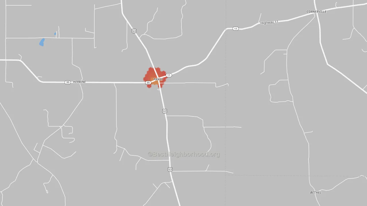 Walk Grade map of Pansy, AR, walkable areas in green and car-dependent areas in red