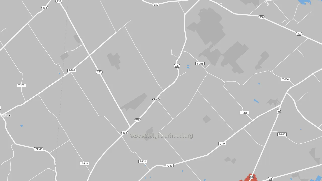 Walk Grade map of Pansy, OH, walkable areas in green and car-dependent areas in red