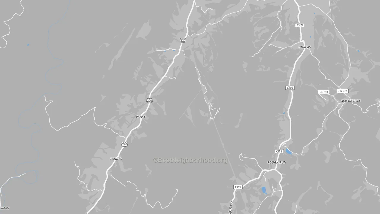 Walk Grade map of Pansy, WV, walkable areas in green and car-dependent areas in red