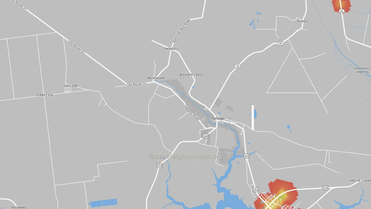 Walk Grade map of Pantego, NC, walkable areas in green and car-dependent areas in red