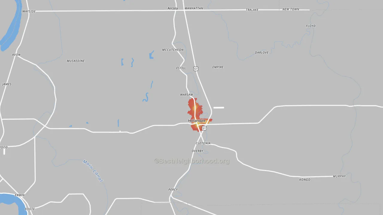 Walk Grade map of Panther Burn, MS, walkable areas in green and car-dependent areas in red