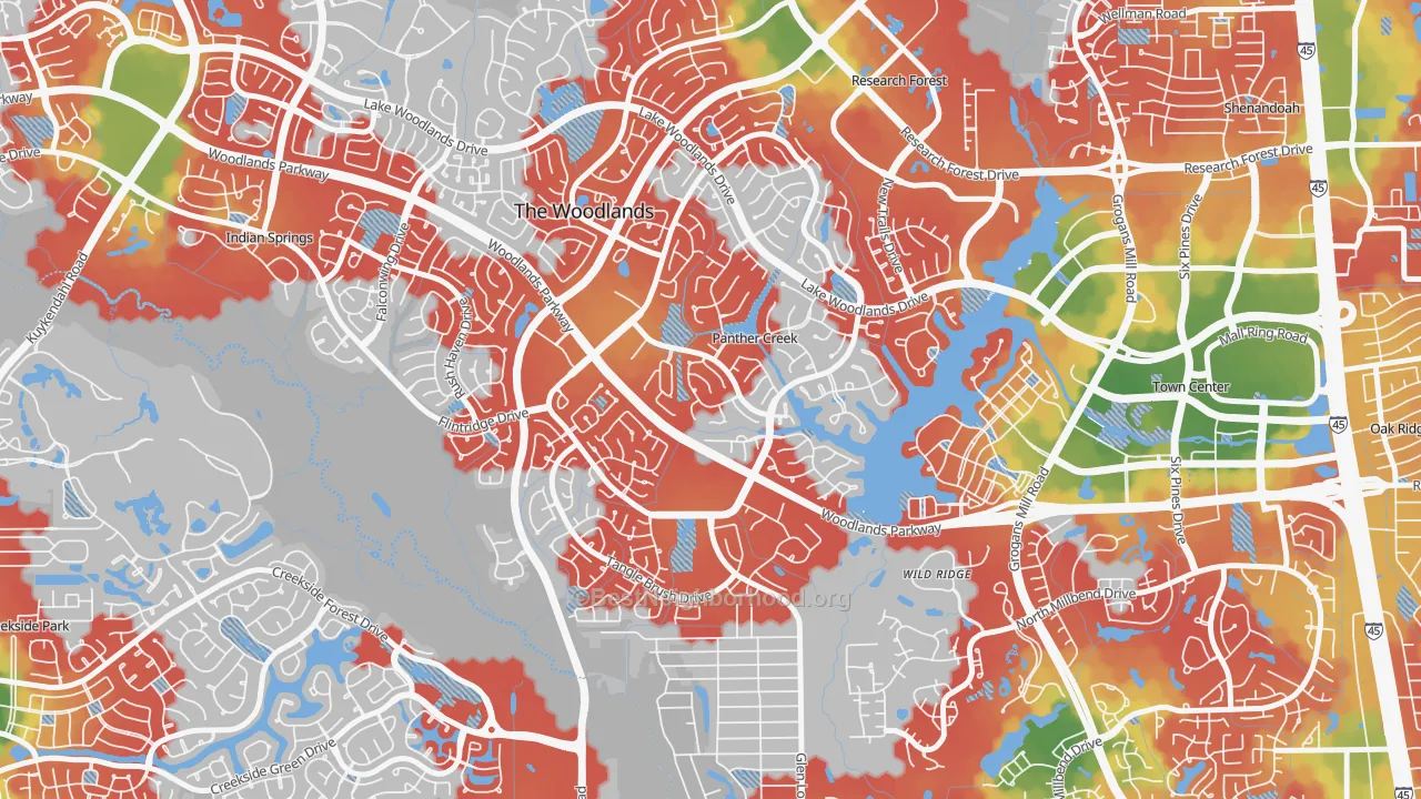 Walk Grade map of Panther Creek, The Woodlands, TX, walkable areas in green and car-dependent areas in red