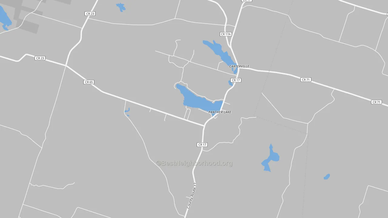 Walk Grade map of Panther Lake, NY, walkable areas in green and car-dependent areas in red