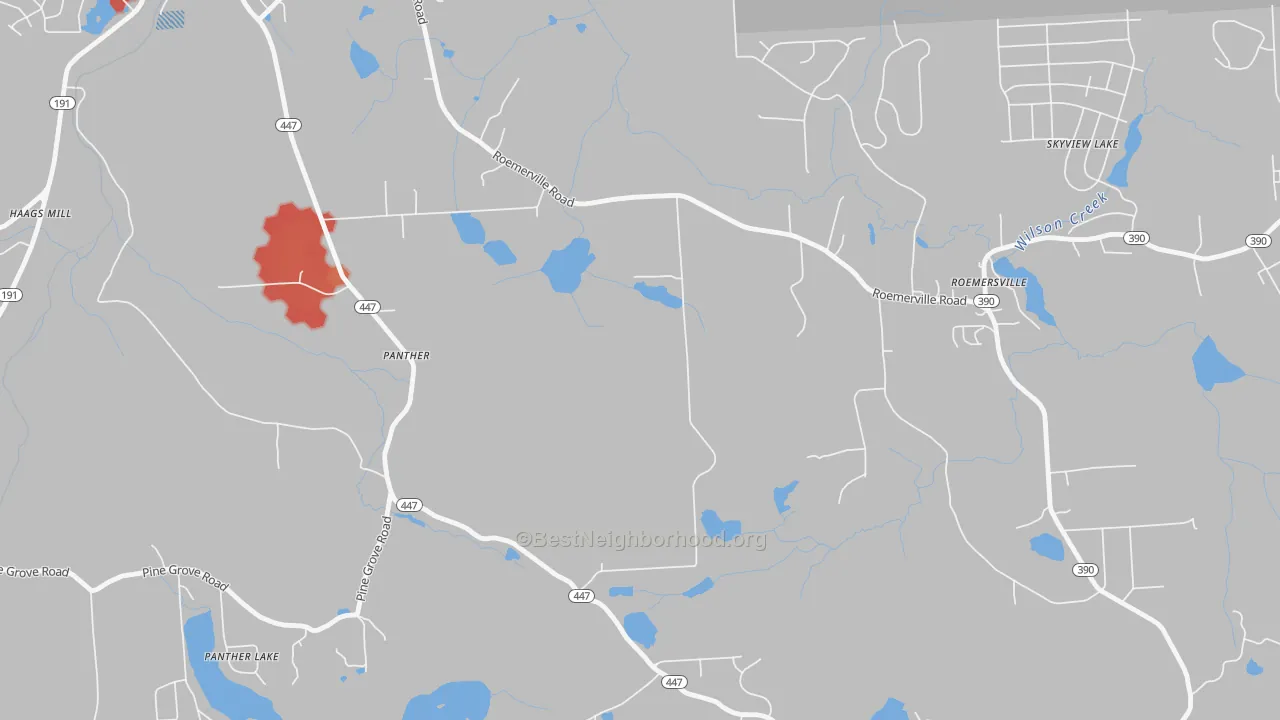 Walk Grade map of Panther, PA, walkable areas in green and car-dependent areas in red