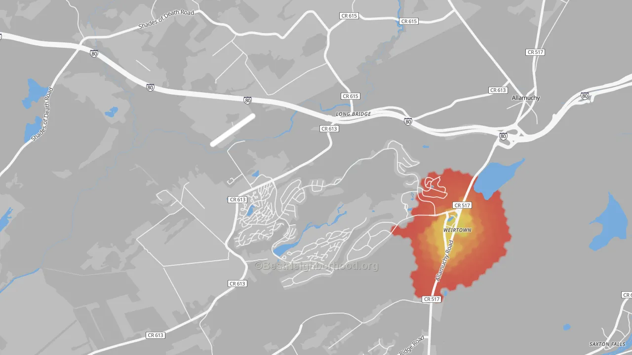 Walk Grade map of Panther Valley, NJ, walkable areas in green and car-dependent areas in red