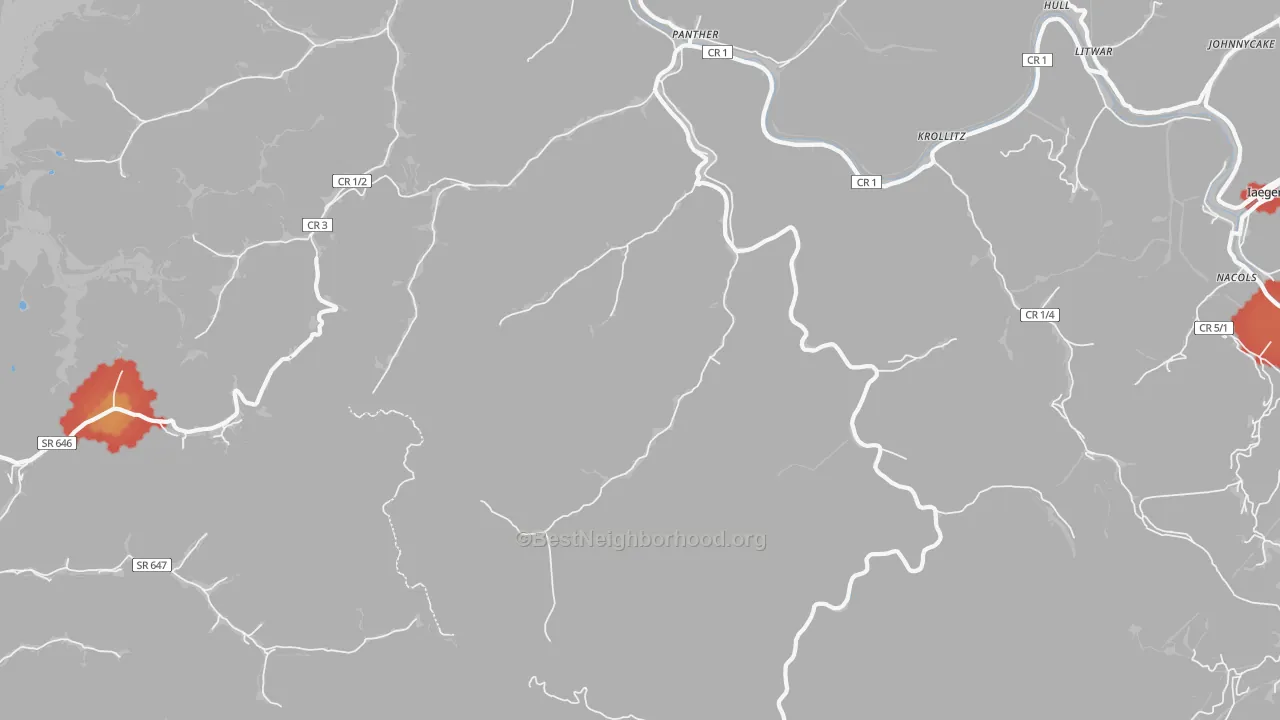 Walk Grade map of Panther, WV, walkable areas in green and car-dependent areas in red