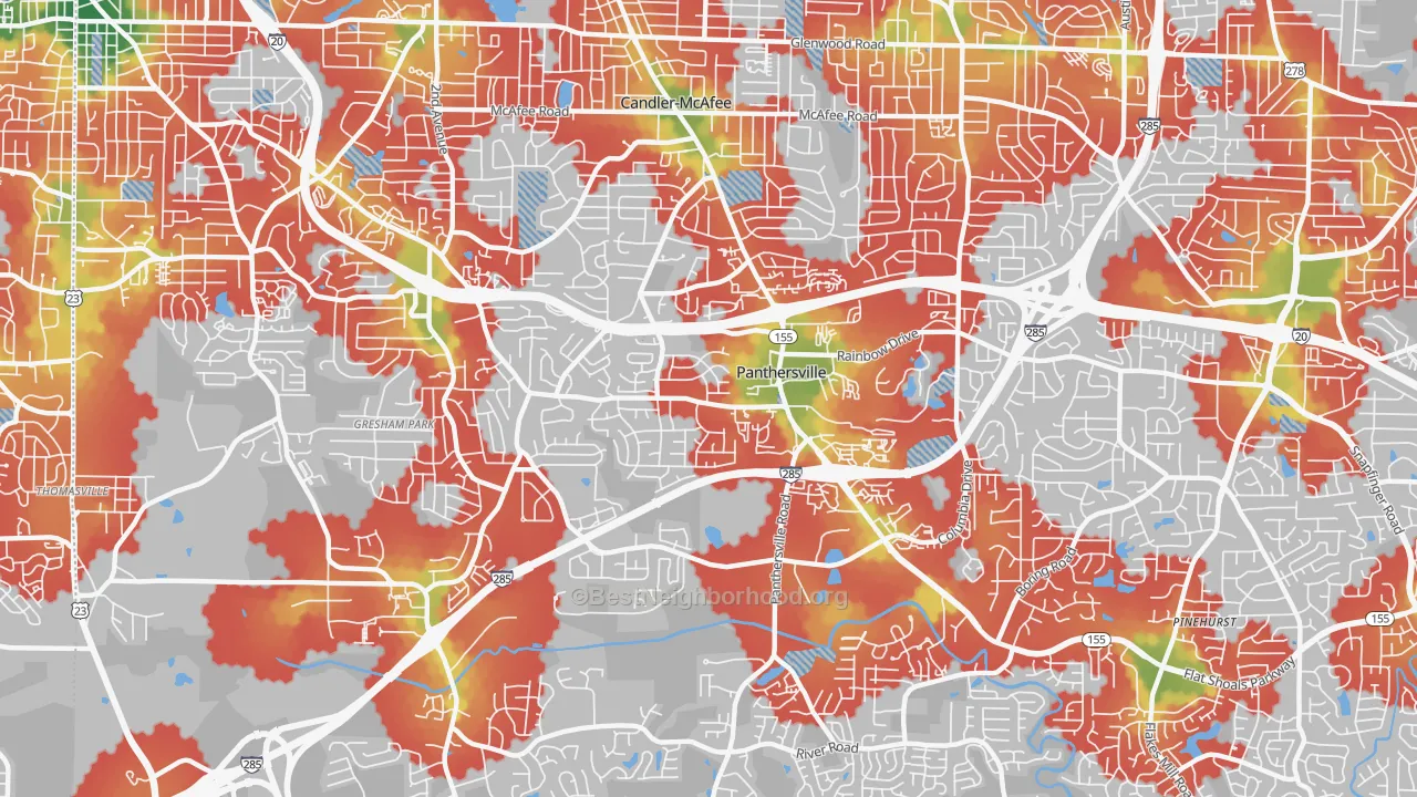 Walk Grade map of Panthersville, GA, walkable areas in green and car-dependent areas in red