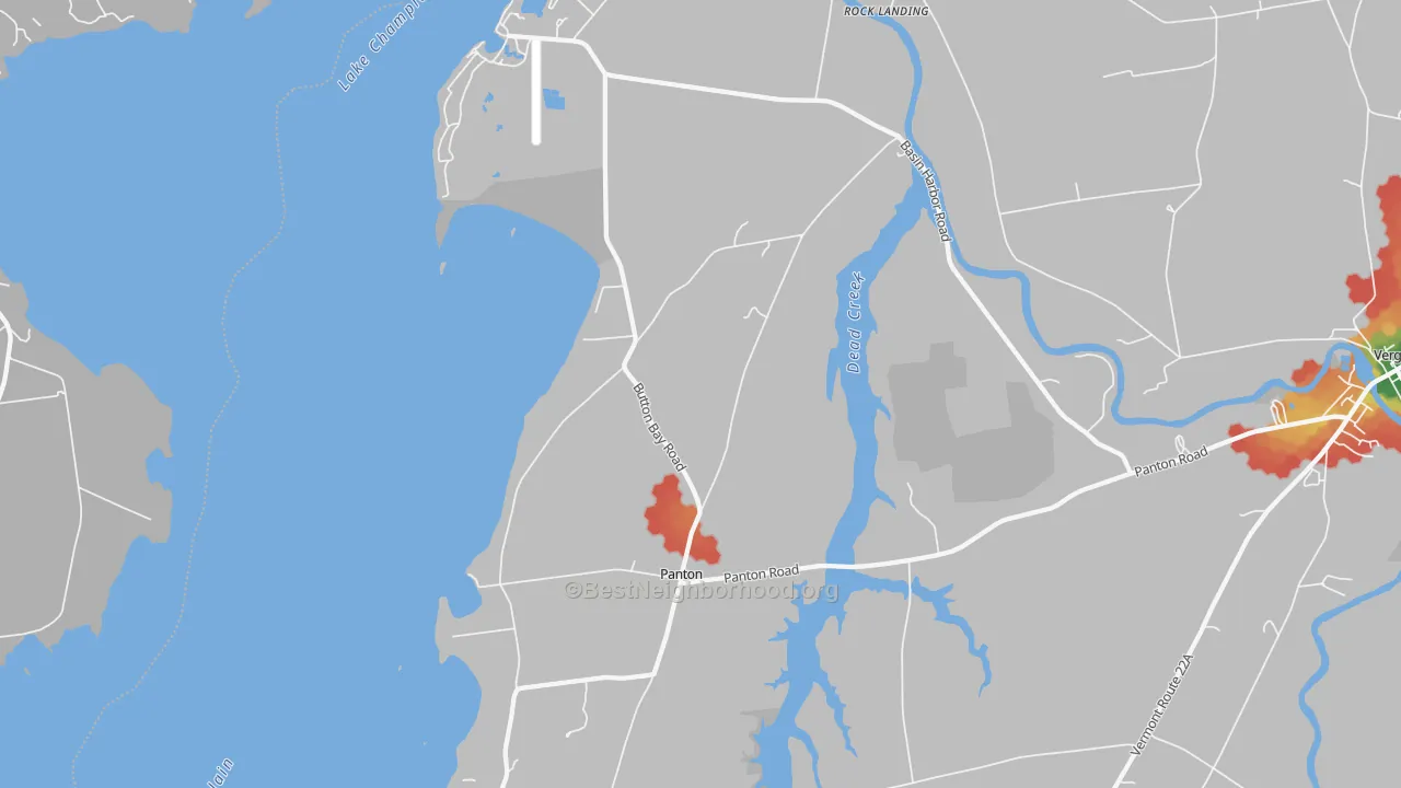 Walk Grade map of Panton, VT, walkable areas in green and car-dependent areas in red