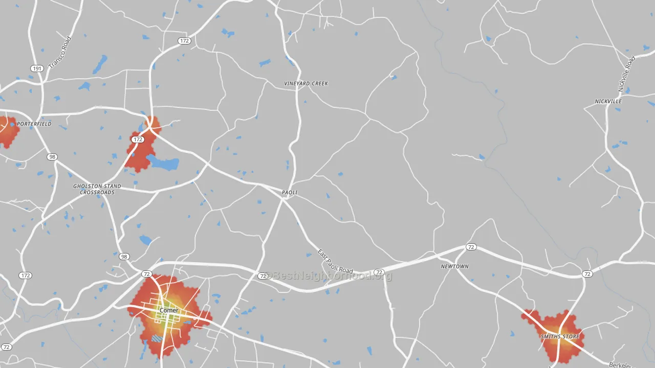 Walk Grade map of Paoli, GA, walkable areas in green and car-dependent areas in red