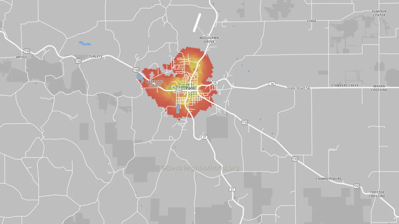 Walk Grade map of Paoli, IN, walkable areas in green and car-dependent areas in red