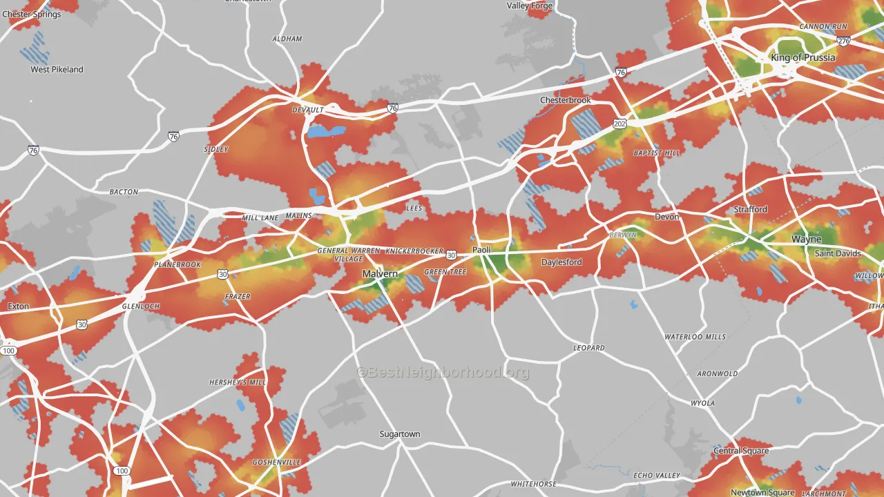 Walk Grade map of Paoli, PA, walkable areas in green and car-dependent areas in red