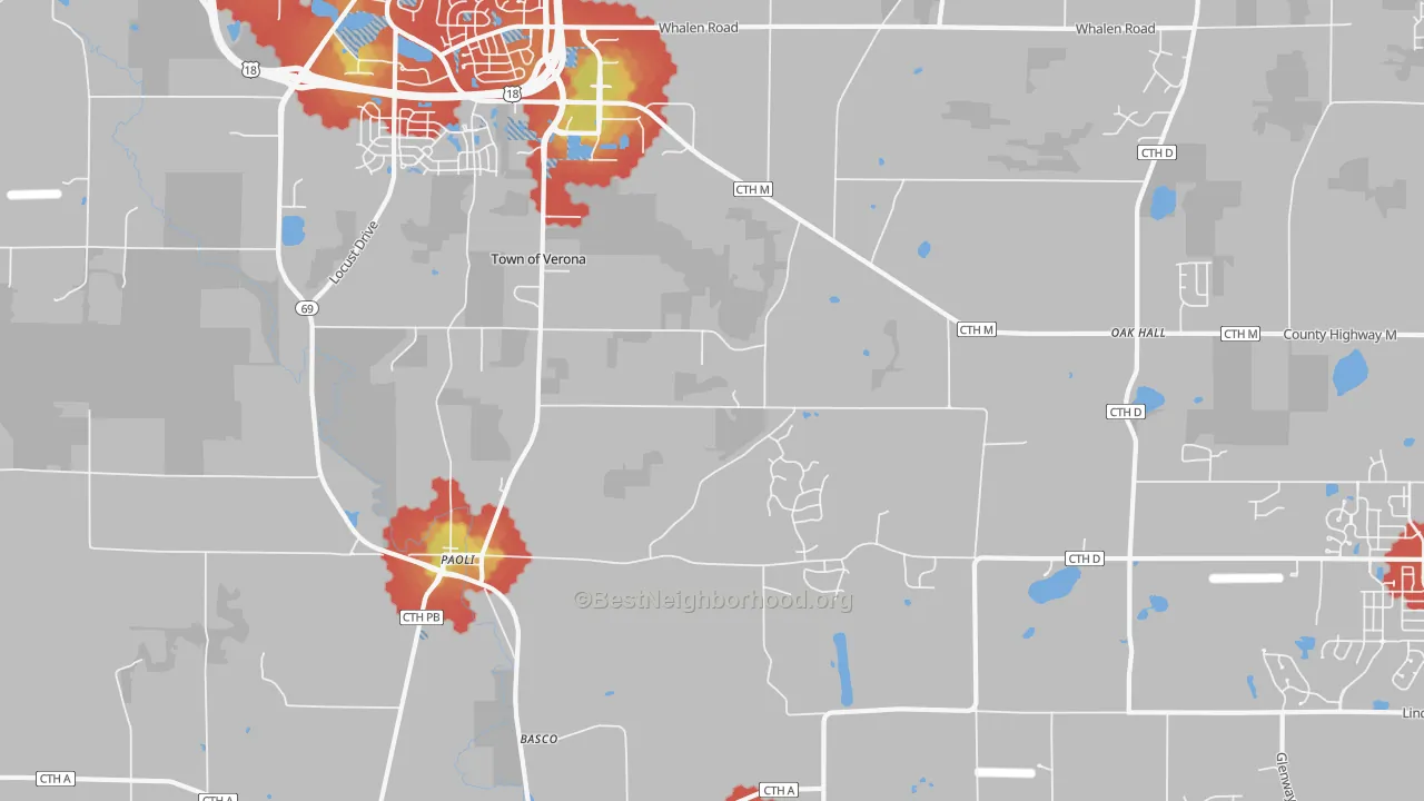 Walk Grade map of Paoli, WI, walkable areas in green and car-dependent areas in red