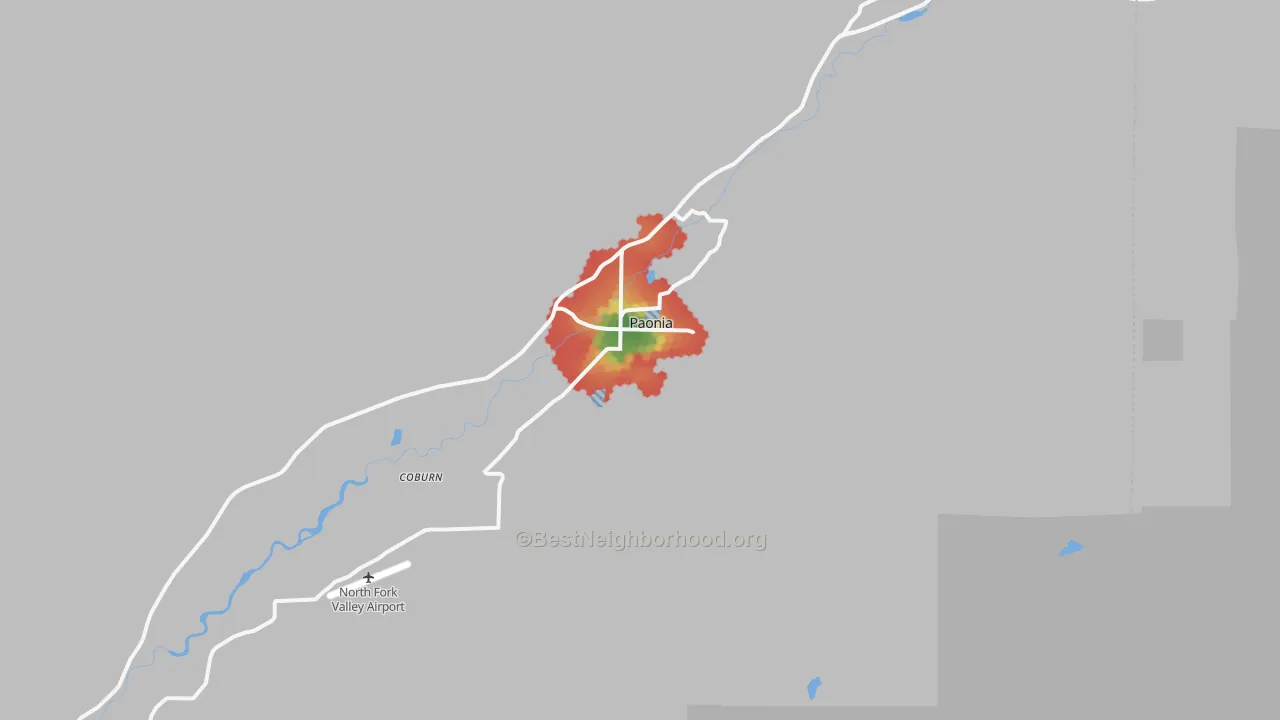 Walk Grade map of Paonia, CO, walkable areas in green and car-dependent areas in red