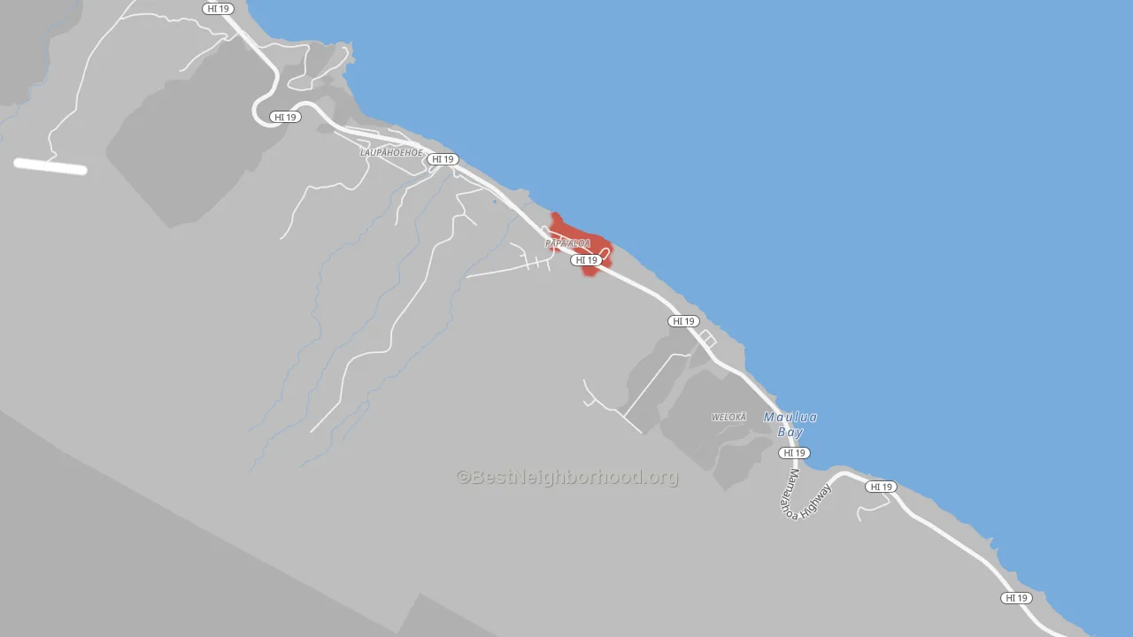 Walk Grade map of Papaaloa, HI, walkable areas in green and car-dependent areas in red
