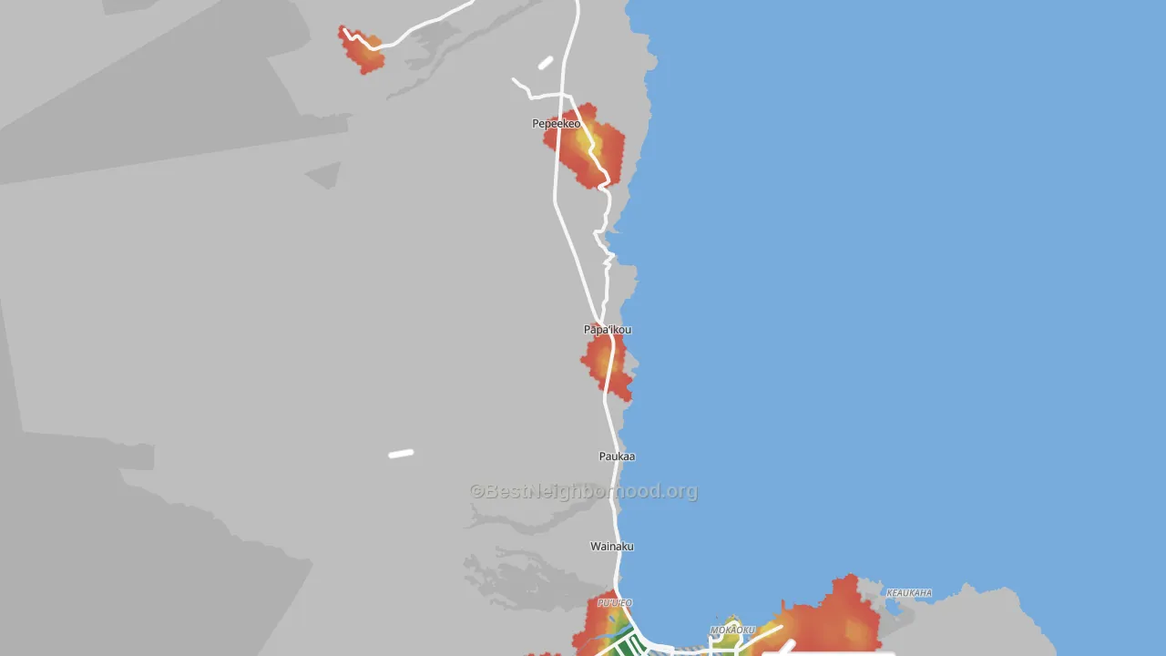 Walk Grade map of Papaikou, HI, walkable areas in green and car-dependent areas in red