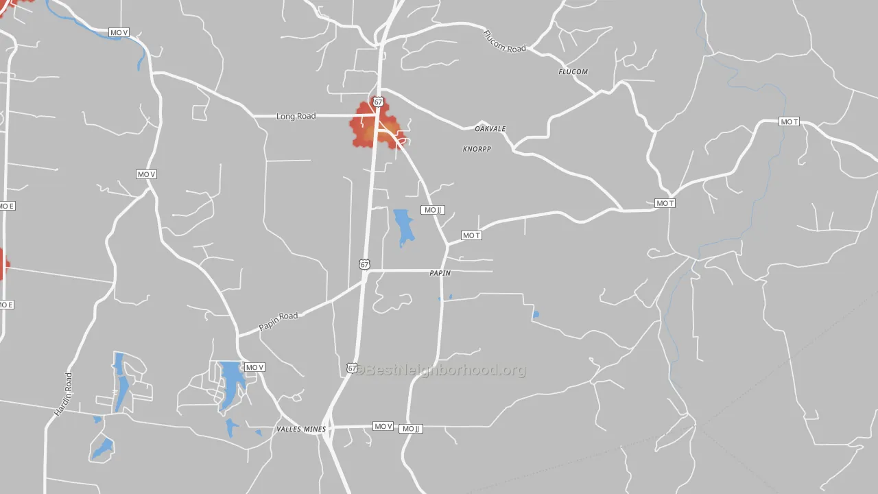 Walk Grade map of Papin, MO, walkable areas in green and car-dependent areas in red
