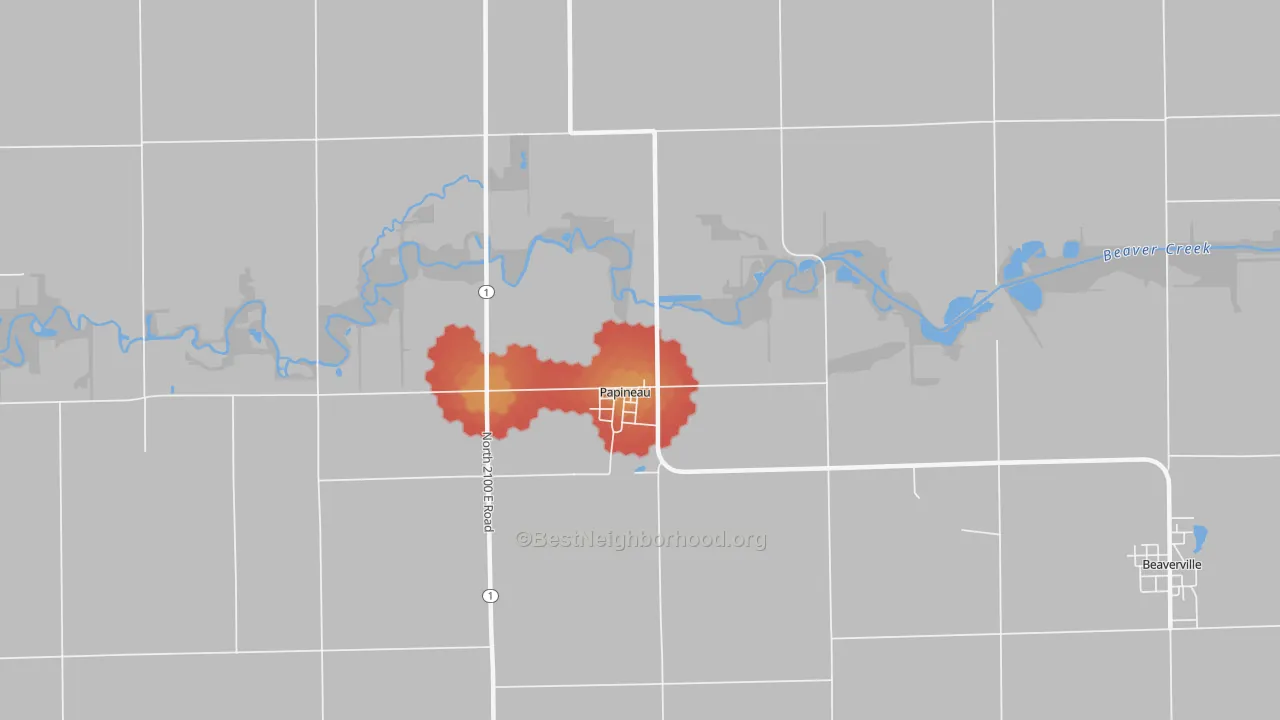 Walk Grade map of Papineau, IL, walkable areas in green and car-dependent areas in red