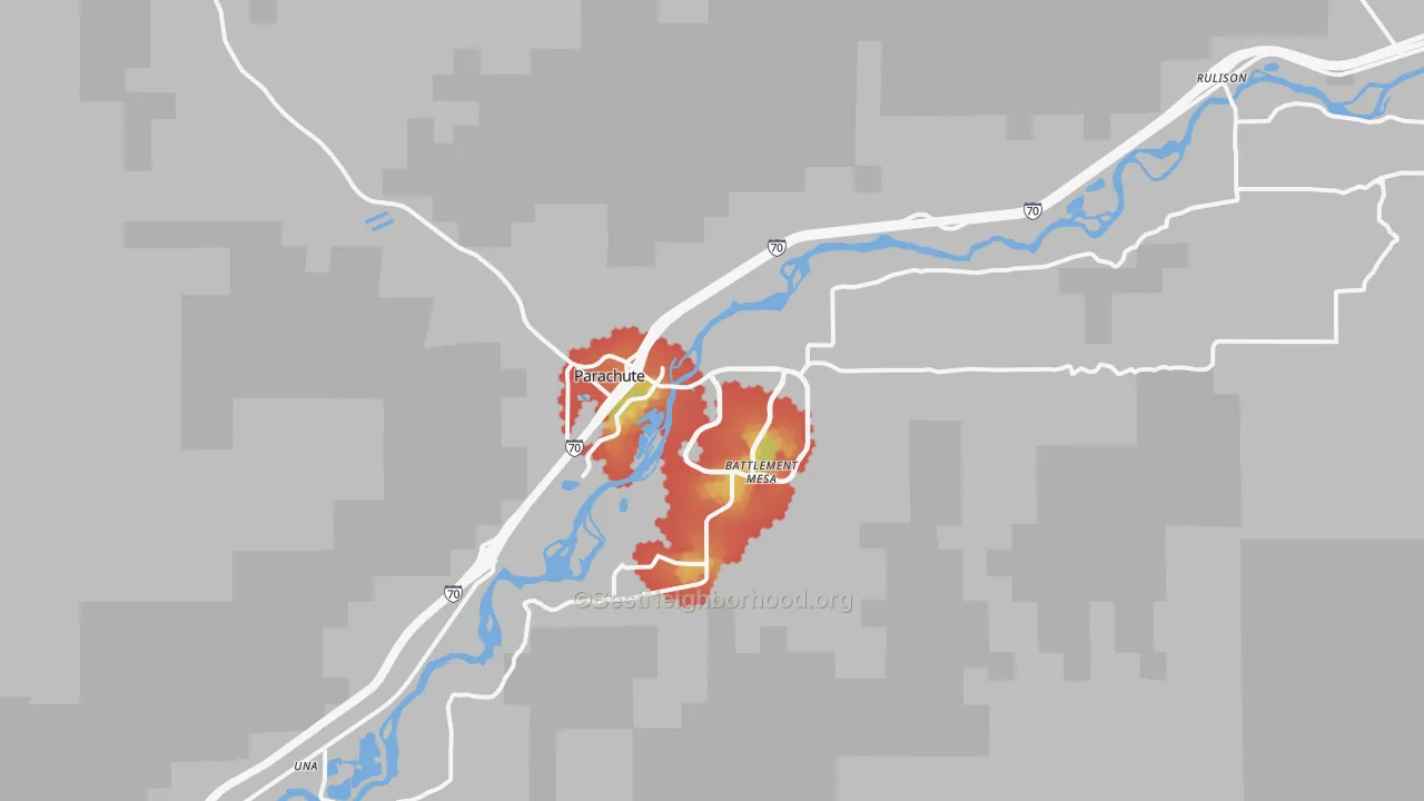 Walk Grade map of Parachute, CO, walkable areas in green and car-dependent areas in red