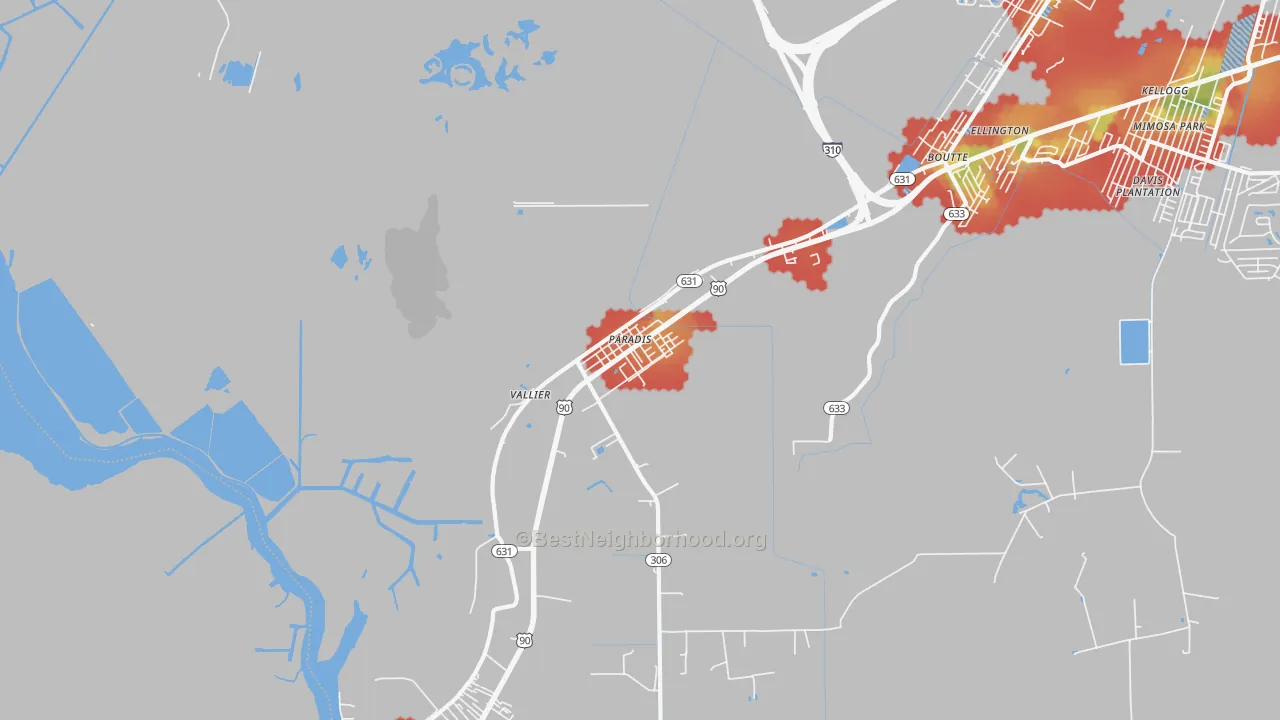 Walk Grade map of Paradis, LA, walkable areas in green and car-dependent areas in red
