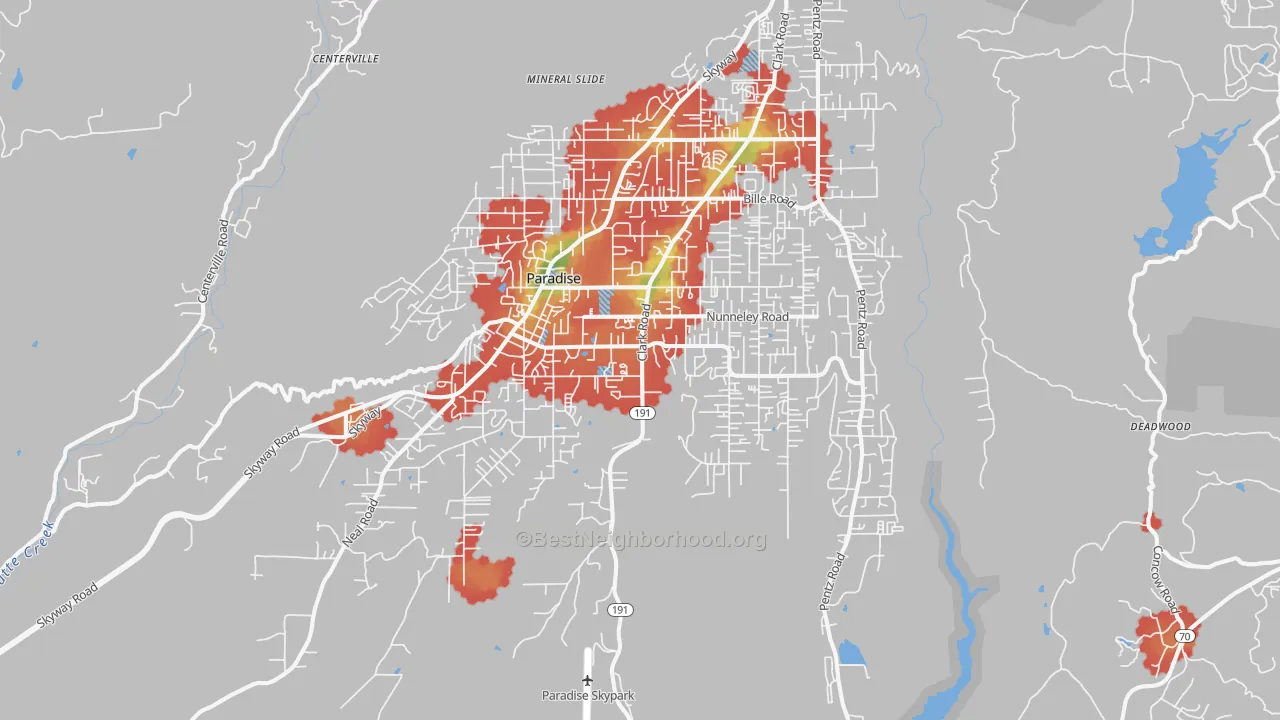Walk Grade map of Paradise, CA, walkable areas in green and car-dependent areas in red