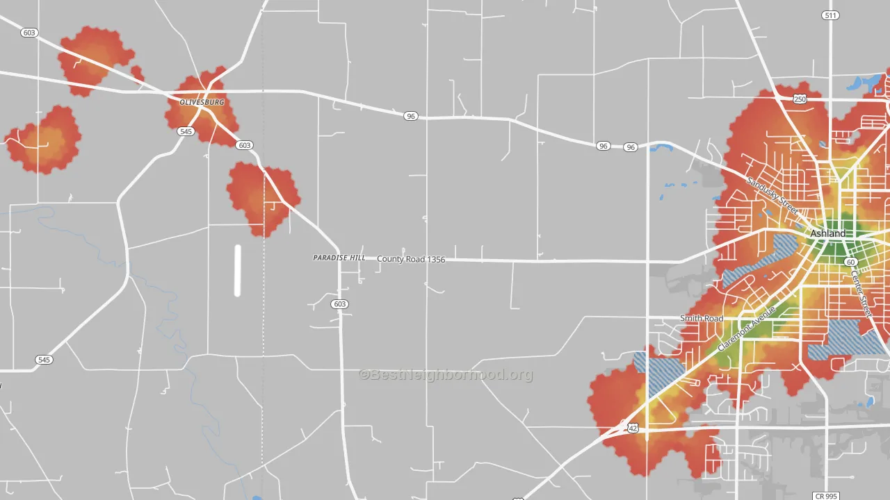 Walk Grade map of Paradise Hill, OH, walkable areas in green and car-dependent areas in red