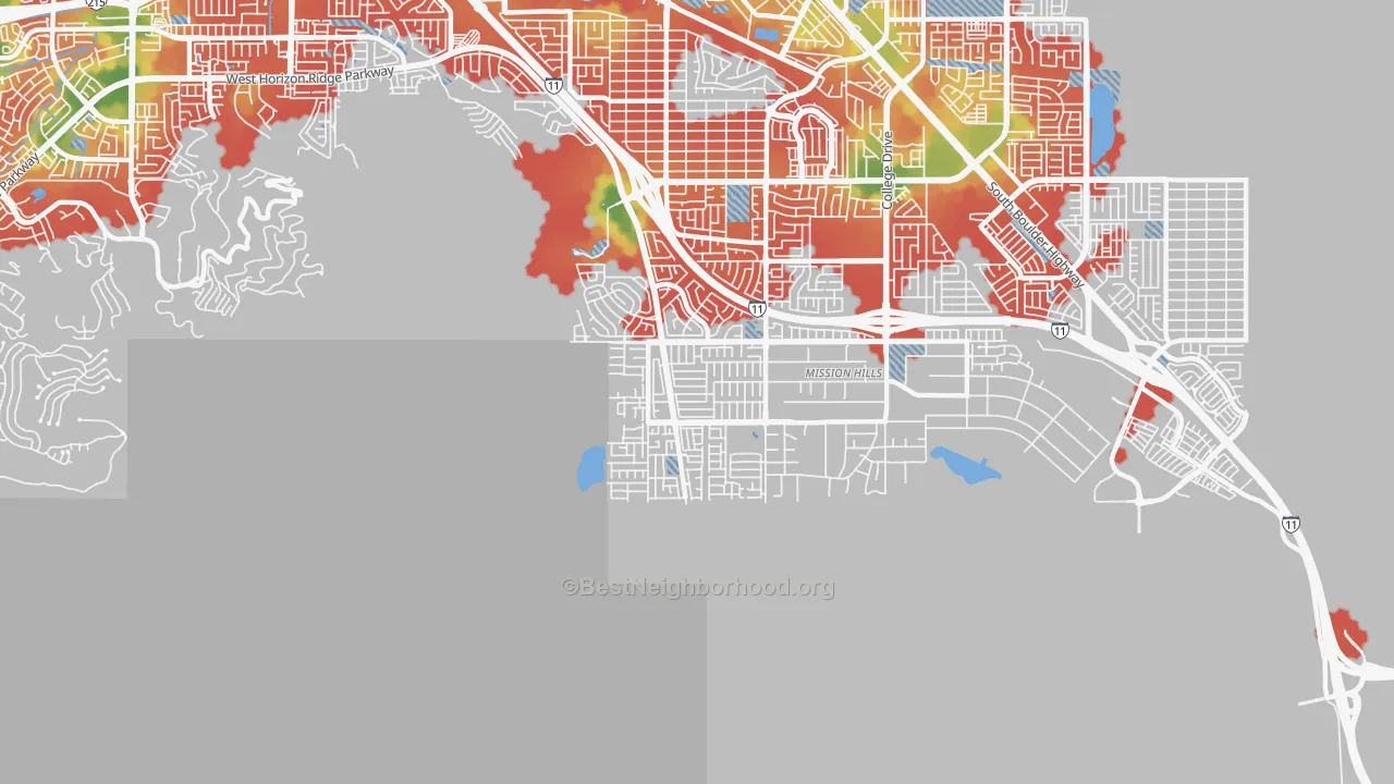 Walk Grade map of Paradise Hills, Henderson, NV, walkable areas in green and car-dependent areas in red