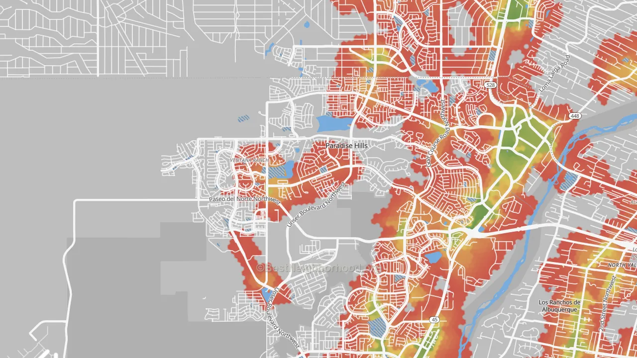 Walk Grade map of Paradise Hills, NM, walkable areas in green and car-dependent areas in red