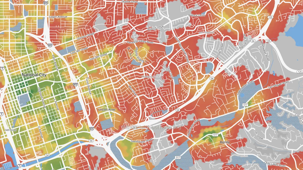Walk Grade map of Paradise Hills, San Diego, CA, walkable areas in green and car-dependent areas in red