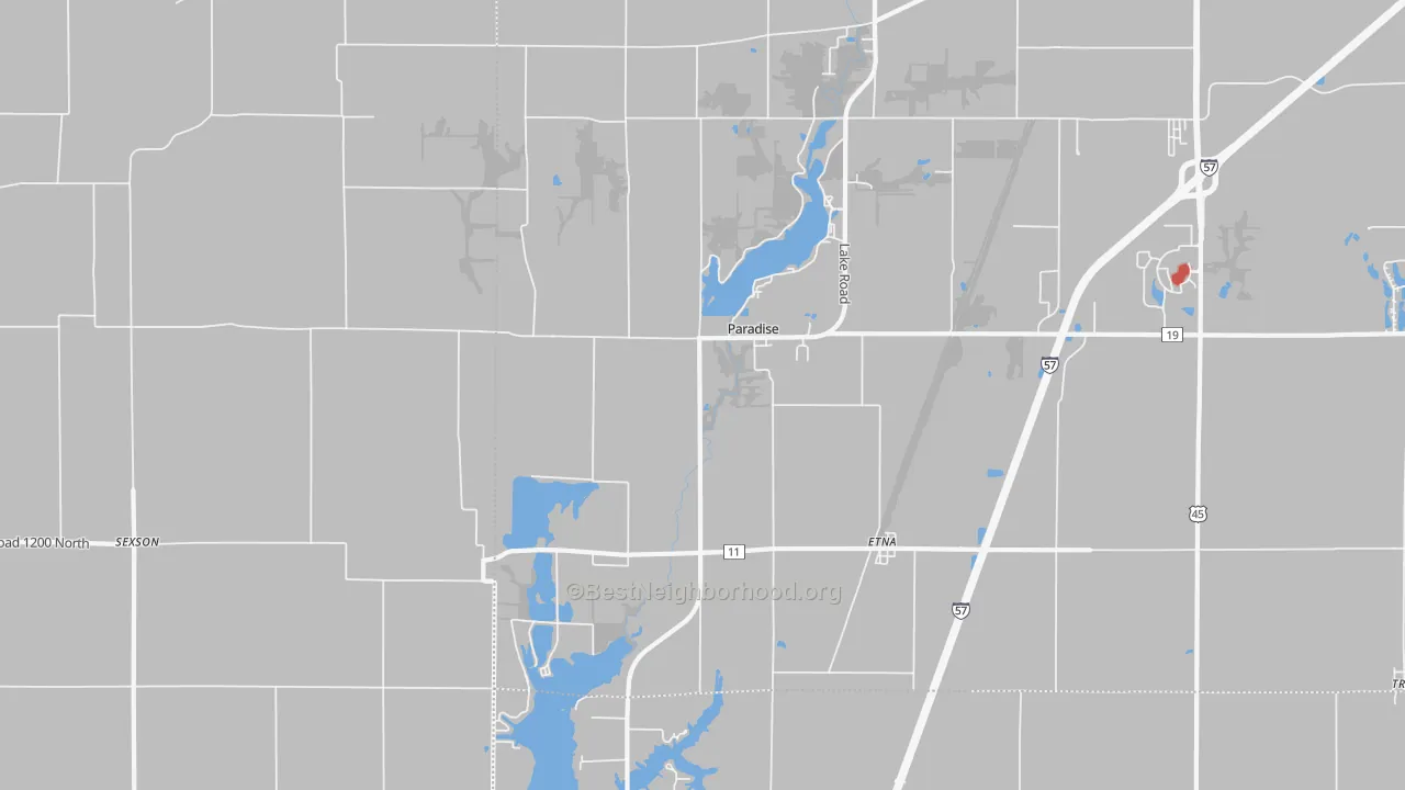 Walk Grade map of Paradise, IL, walkable areas in green and car-dependent areas in red