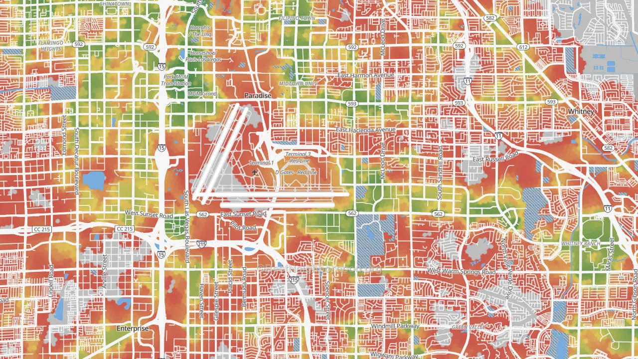 Walk Grade map of Paradise, Las Vegas, NV, walkable areas in green and car-dependent areas in red