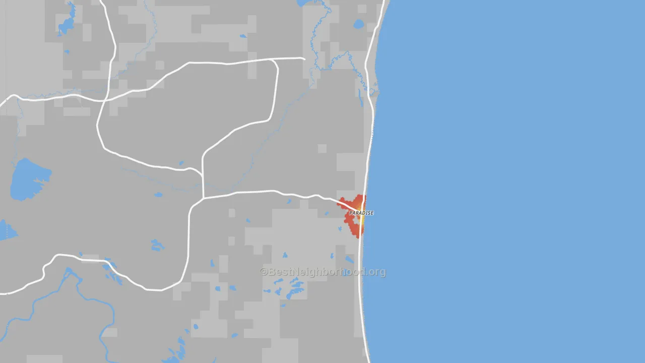 Walk Grade map of Paradise, MI, walkable areas in green and car-dependent areas in red