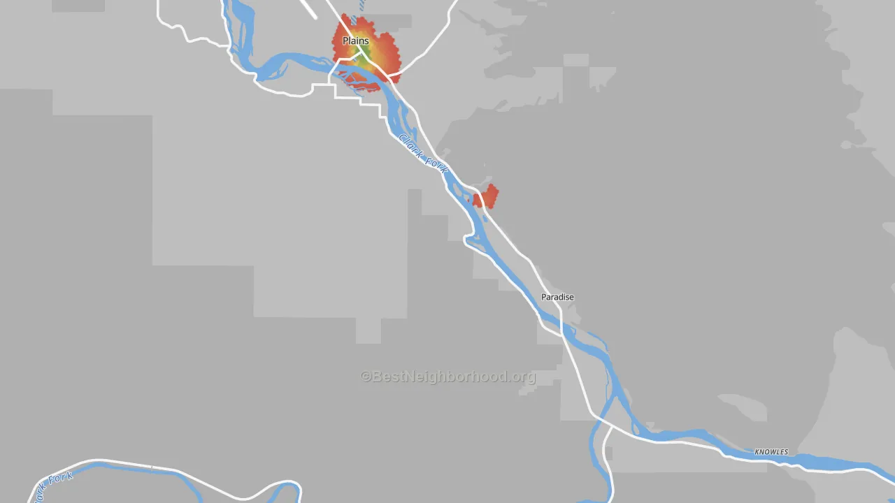 Walk Grade map of Paradise, MT, walkable areas in green and car-dependent areas in red