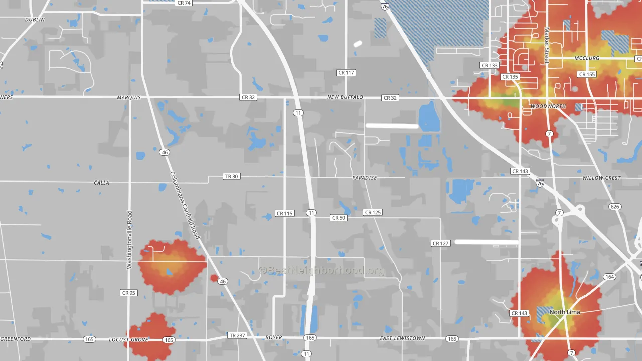 Walk Grade map of Paradise, OH, walkable areas in green and car-dependent areas in red