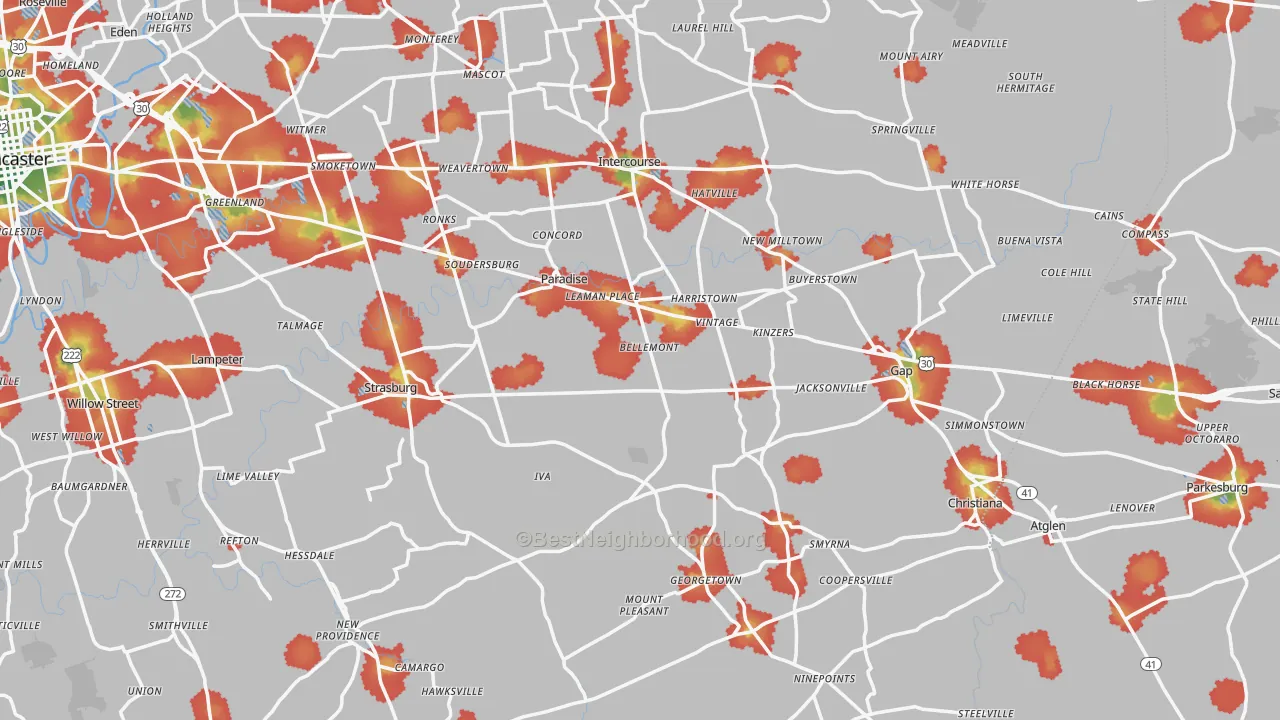 Walk Grade map of Paradise, PA, walkable areas in green and car-dependent areas in red