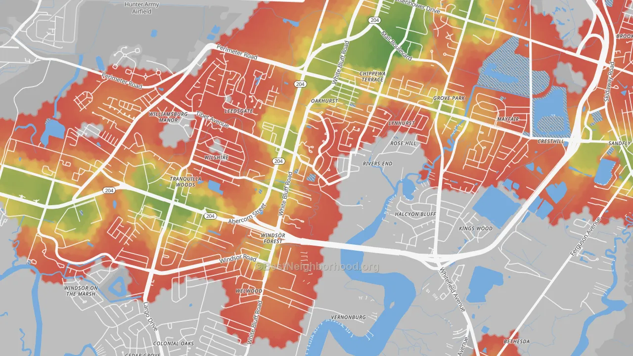 Walk Grade map of Paradise Park, Savannah, GA, walkable areas in green and car-dependent areas in red
