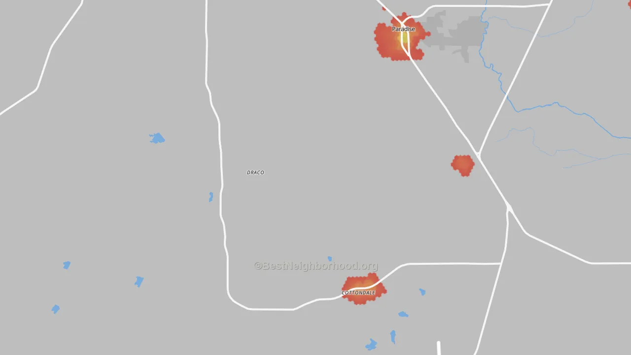 Walk Grade map of Paradise, TX, walkable areas in green and car-dependent areas in red