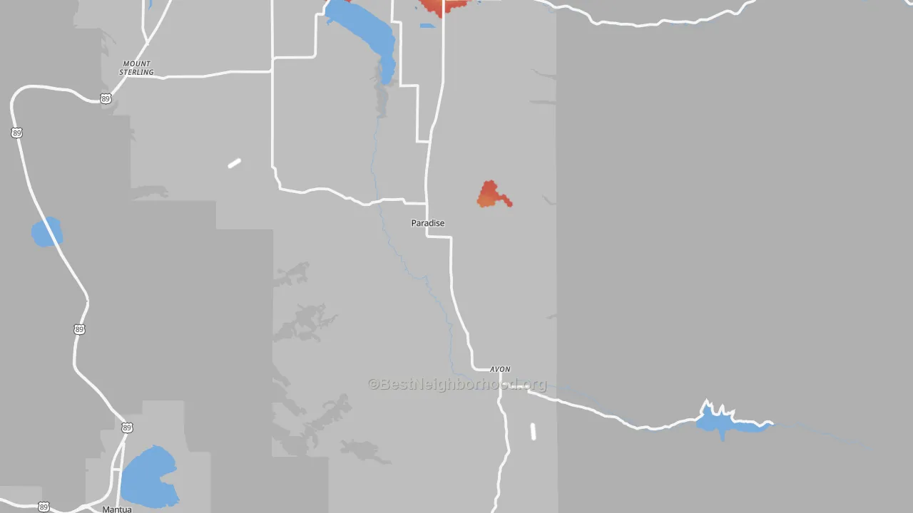 Walk Grade map of Paradise, UT, walkable areas in green and car-dependent areas in red
