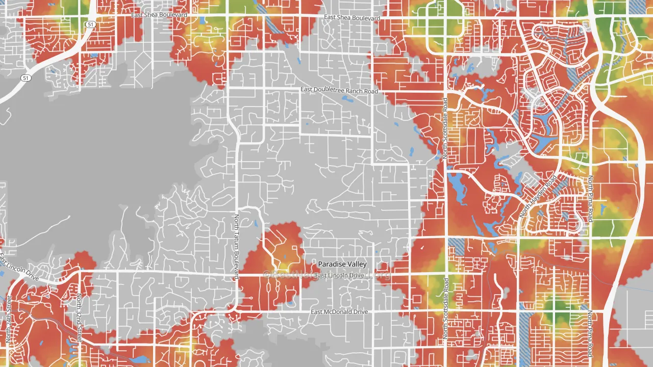 Walk Grade map of Paradise Valley, AZ, walkable areas in green and car-dependent areas in red