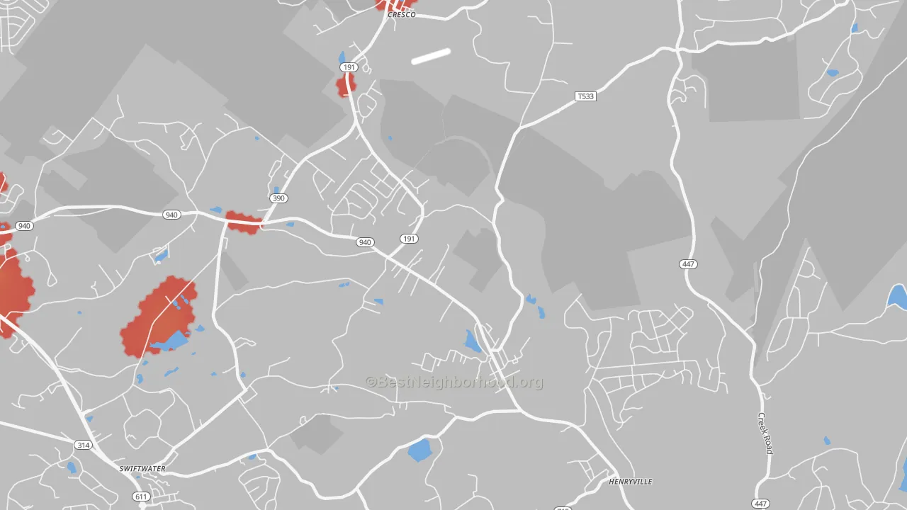 Walk Grade map of Paradise Valley, PA, walkable areas in green and car-dependent areas in red