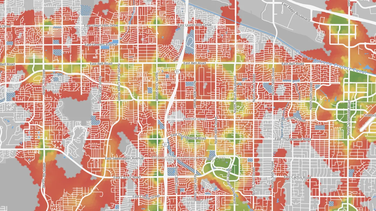 Walk Grade map of Paradise Valley, Phoenix, AZ, walkable areas in green and car-dependent areas in red