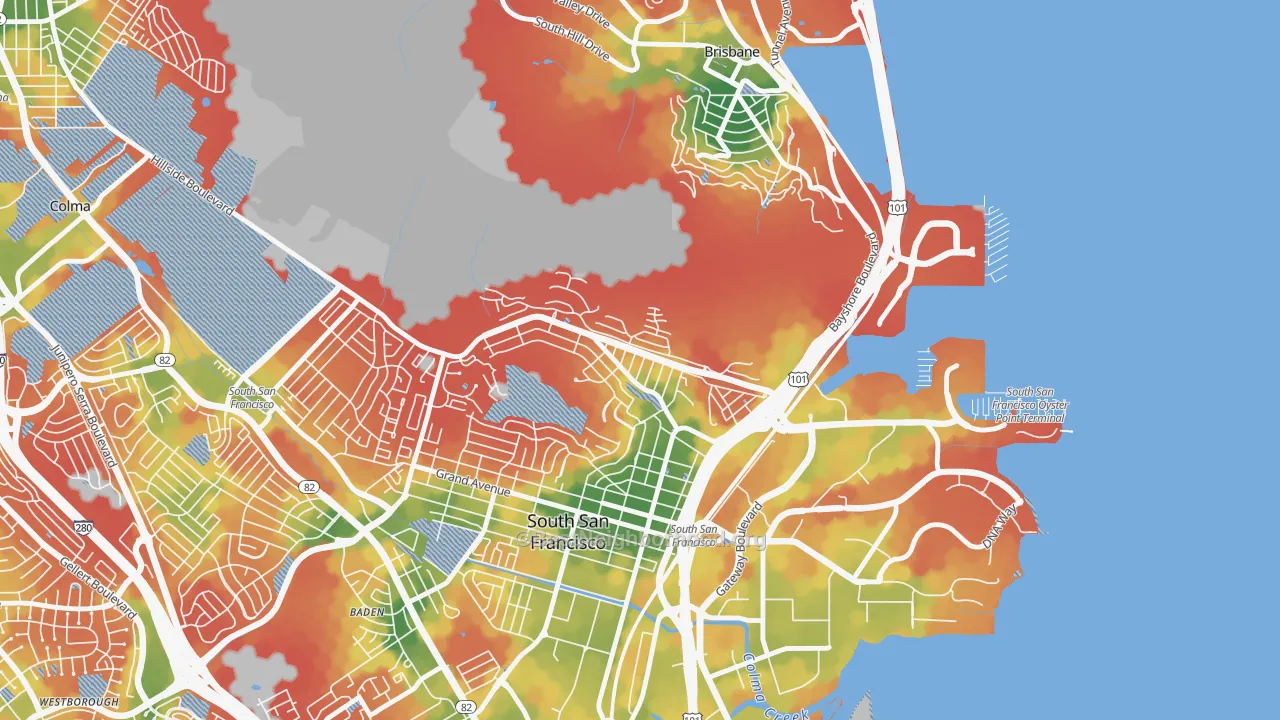 Walk Grade map of Paradise Valley, South San Francisco, CA, walkable areas in green and car-dependent areas in red