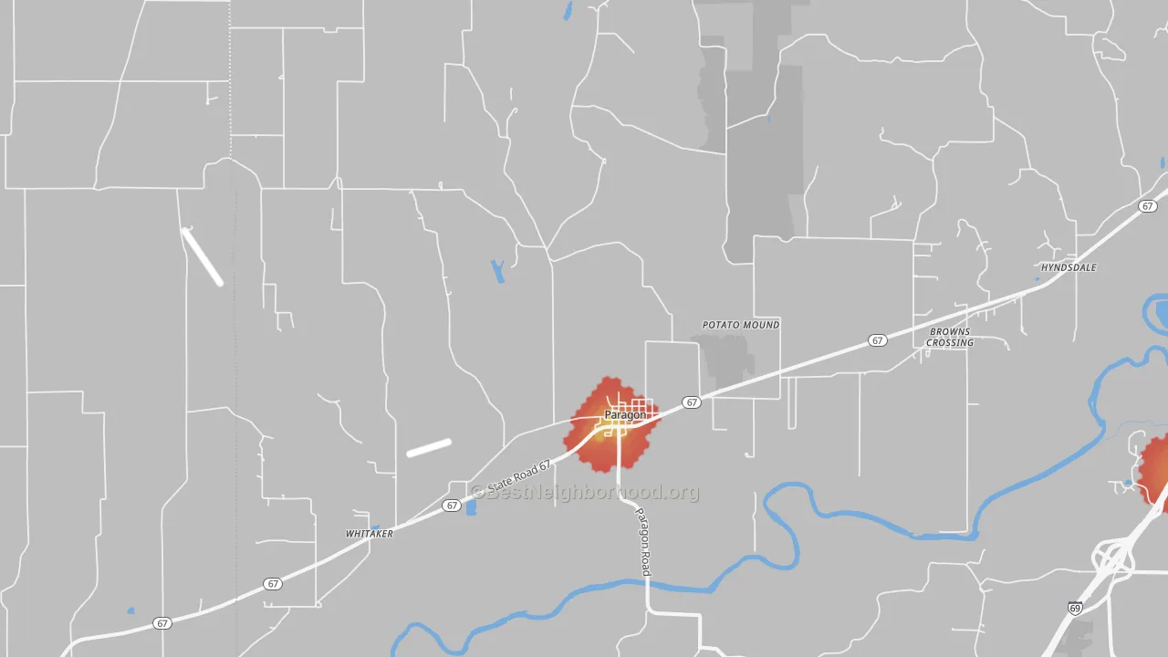 Walk Grade map of Paragon, IN, walkable areas in green and car-dependent areas in red