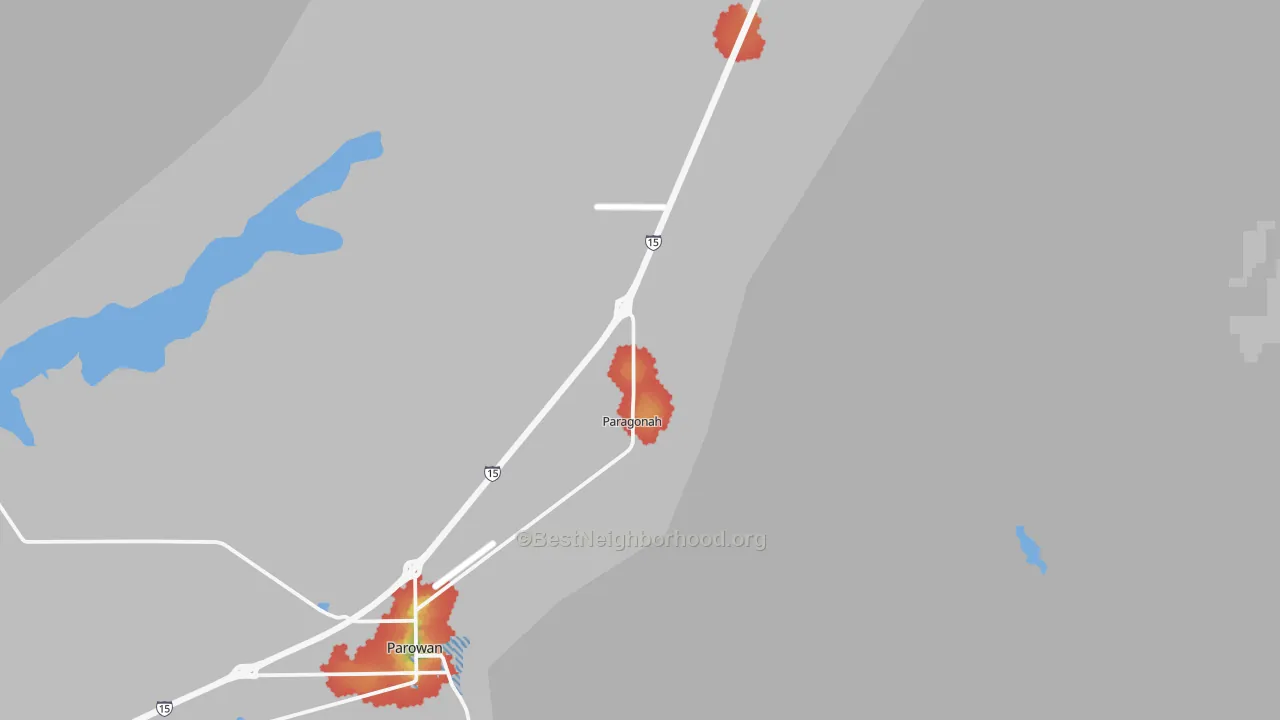 Walk Grade map of Paragonah, UT, walkable areas in green and car-dependent areas in red