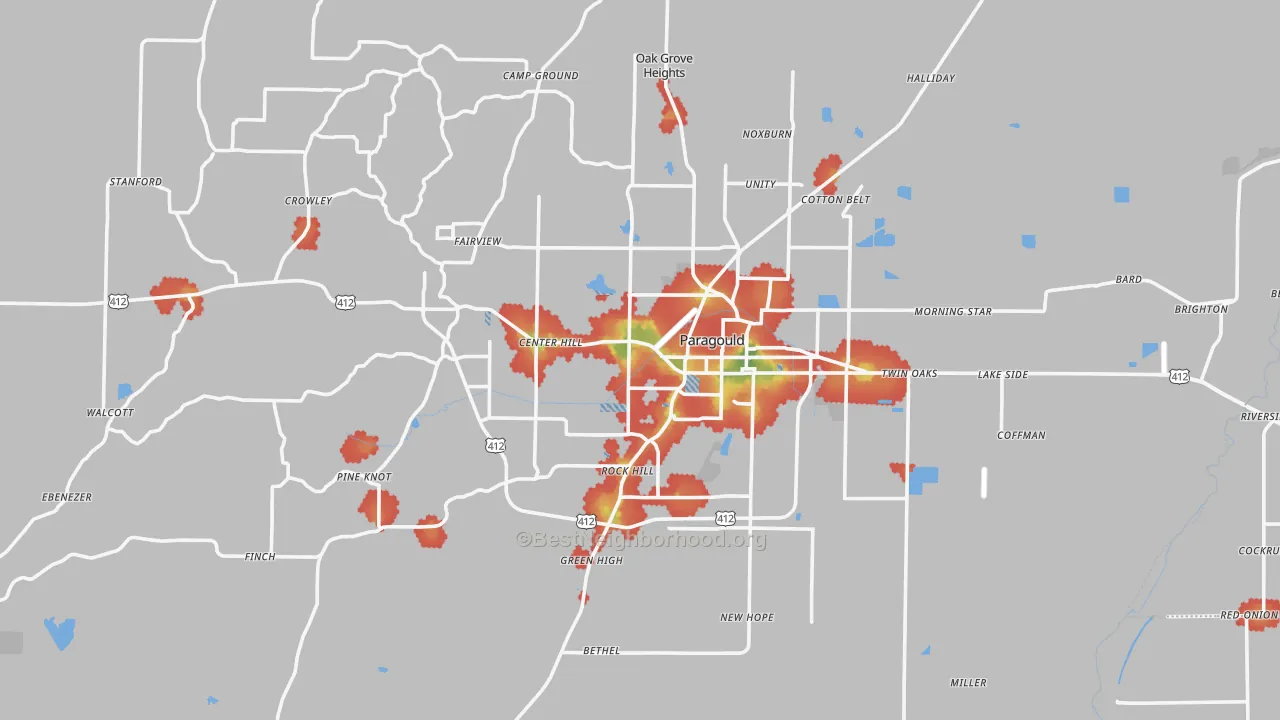 Walk Grade map of Paragould, AR, walkable areas in green and car-dependent areas in red
